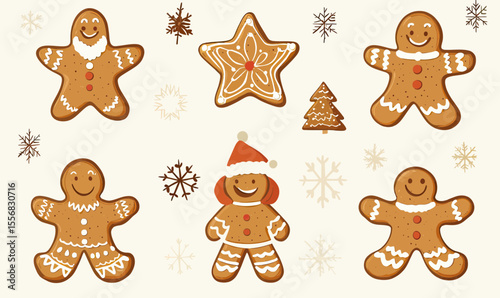 Set of smiling gingerbread cookies including gingerbread men with icing details, star and Christmas tree shapes with snowflake background in flat vector style holiday sweets illustration