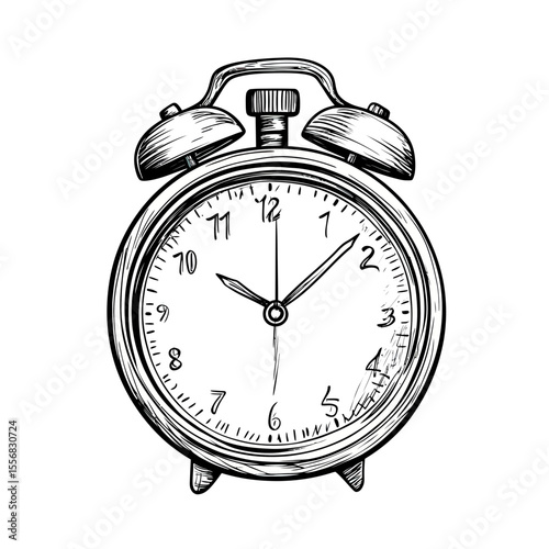 Hand drawn vintage alarm clock sketch with ringing bells detailed black and white illustration of analog timepiece showing 12:07 time in doodle style vector icon design