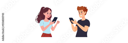 Young man and woman using smartphones smiling chatting flat minimalist vector illustration of male and female characters with casual clothes holding mobile phones texting and browsing
