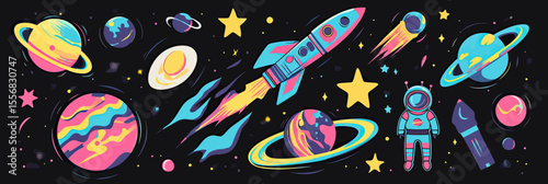 Colorful psychedelic space illustration with planets, rocket, astronaut, stars, and comets in flat minimalist vector style on black background for cosmic and outer space themes