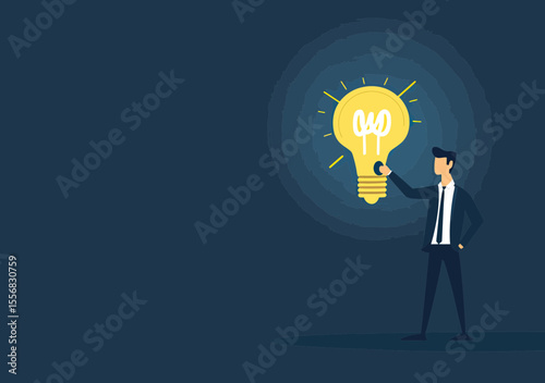 Businessman holding giant glowing light bulb with key hole concept for innovative idea creativity invention solution or new product success and smart thinking in flat minimal style