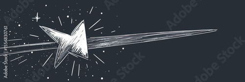 Hand drawn chalk effect shooting star with sparkling trail and glowing motion lines on dark background vector illustration for cosmic and space themes