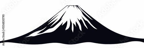 Minimalist vector illustration of iconic snow capped mountain peak with simple black and white design isolated on white background for nature and landscape concept