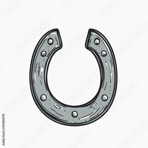 Hand drawn horseshoe vector illustration in comic doodle style with metallic texture and nail details for western cowboy luck symbol design
