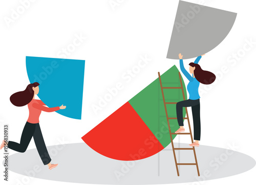 Market share percentage of industry sale, business competitor fight or battle to gain more sale concept.flat design with people.