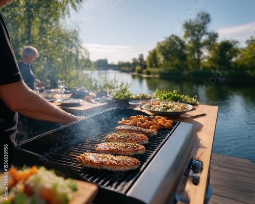 Outdoor grilling by a lake