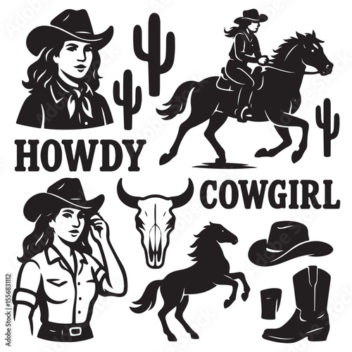 Western vector graphic set featuring cowgirls, horses, cacti, skulls, hats, boots, and 