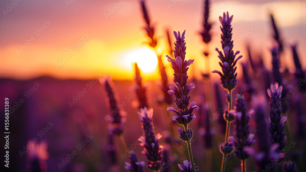 Obraz premium Lavender flowers glowing under golden hour light with soft background blur, deep purple tones, and cinematic shadows for wellness, fragrance, and floral brand campaigns.