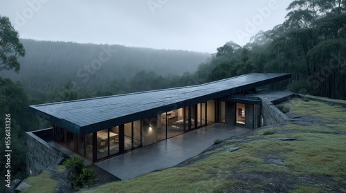 A contemporary hillside home with expansive horizontal glazing dark slate roofing overlooking a rain-soaked forest edge lit with
