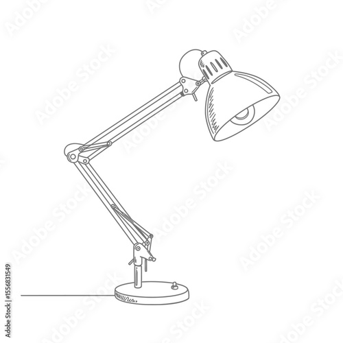 Line drawing of an adjustable desk lamp with a circular base, articulated arms, and a conical lampshade.
