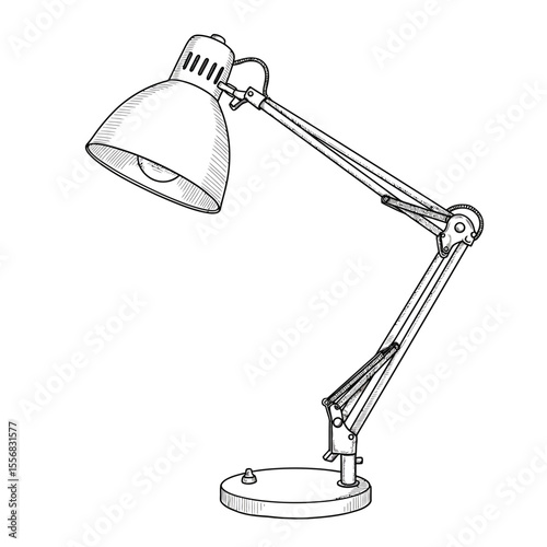 A detailed line drawing of a modern adjustable desk lamp.