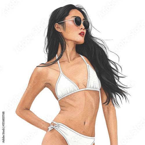 Beautiful Asian Women Wear beachwear beach clothes Clipart Watercolor 