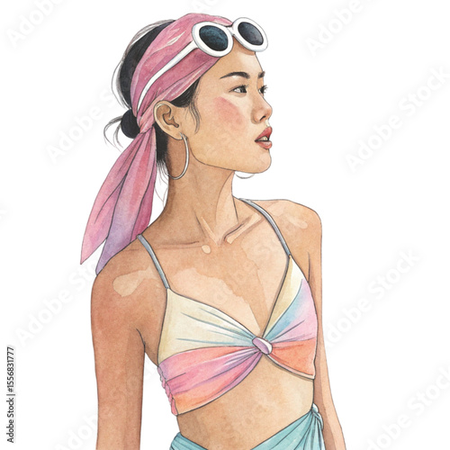 Beautiful Asian Women Wear beachwear beach clothes Clipart Watercolor 