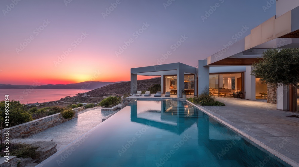 Fototapeta premium A contemporary hillside residence with an open-air courtyard infinity pool overlooking a coastal landscape captured during sunset with
