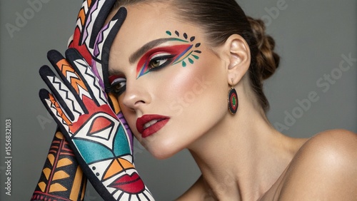 Closeup Portrait of a Woman with Colorful Polka Dot Makeup,  Creative makeup look with polka dots and glossy red lips