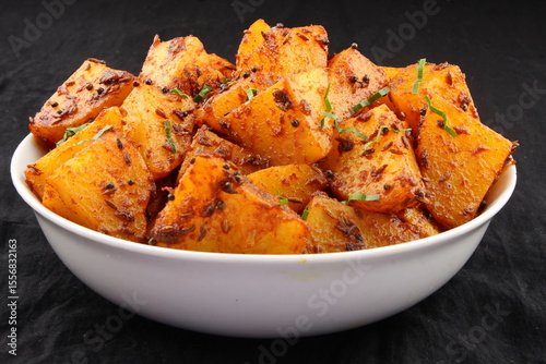 Rajasthani style potato curry, aloo masala, Indian vegan recipes. 