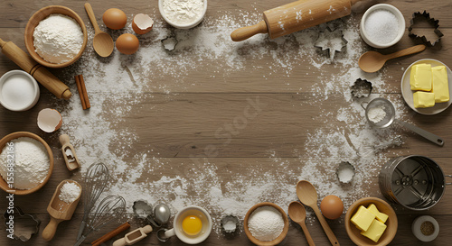Baking Ingredients and Tools Flat Lay Flour, Eggs, Butter, Sugar, and More