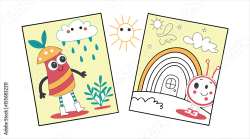 A bunch of kids' drawings. Bright, amusing abstract characters and different graphic elements


