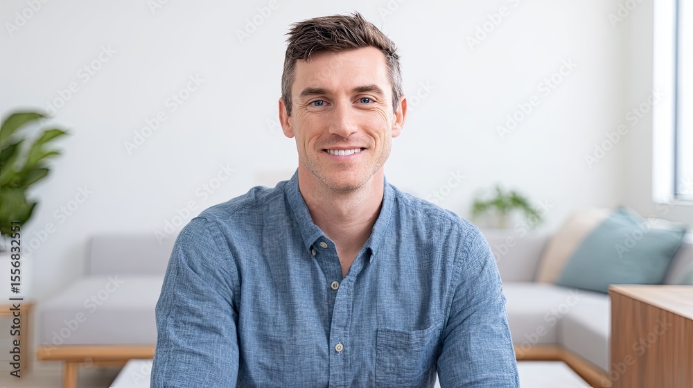 Fototapeta premium A friendly man dressed in a blue shirt sits in front of the camera in a bright minimalist living room