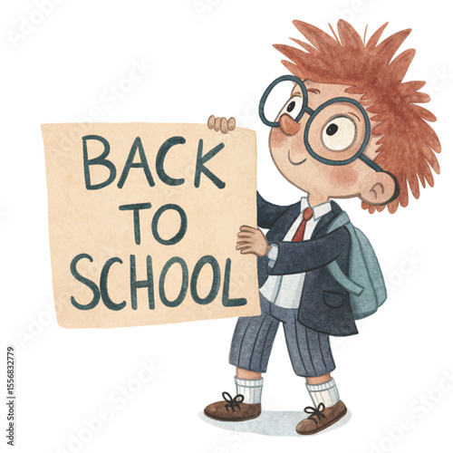 kid wearing school uniform glasses stand Holding a sign Back to School Clipart Watercolor 