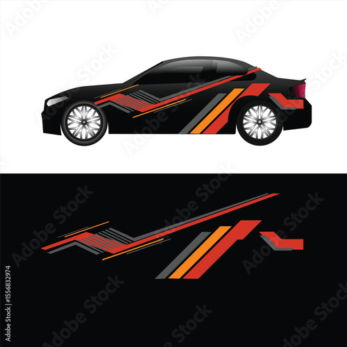 Modern and sporty car livery decal design featuring sharp lines in orange, black, and gray. Perfect for automotive branding, racing themes, and vehicle wrap customization.