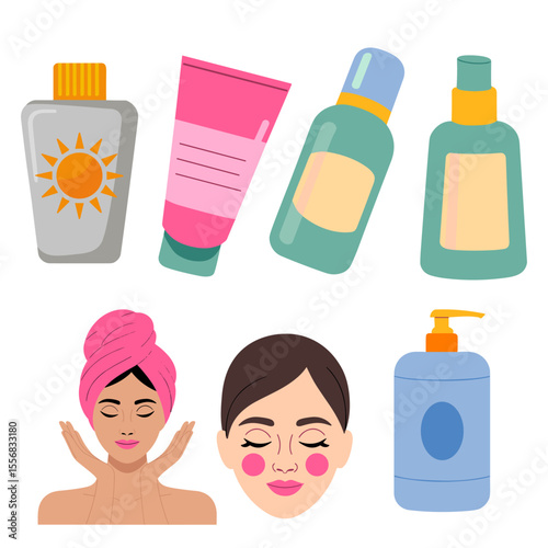Comprehensive Skincare and Beauty Product Set with Sunscreen, Lotions, and Faces, Illustrating Daily Routine and Self-Care