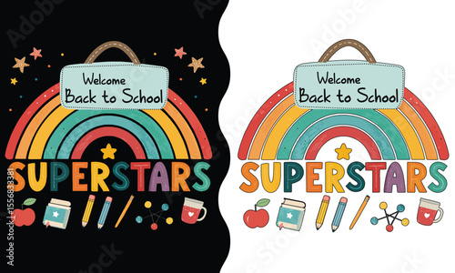 Back to School Superstars typography colorful, bag style kids t-shirt design.