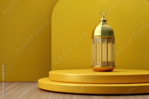 Golden lantern on a round yellow platform with a yellow backdrop and wooden flooring