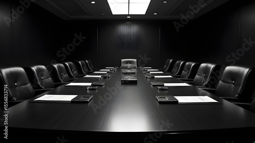 Dark and somber empty conference room with a long black table and multiple black leather chairs, illuminated by a single overhead light source creating dramatic shadows and a serious atmosphere.
