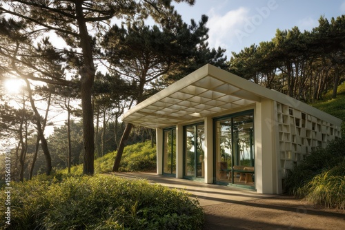 A grand hillside property a modular garden pavilion with operable glass roof patterned shadow casting situated within aromatic