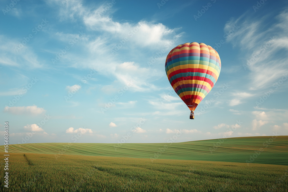 Naklejka premium A single hot air balloon hovering over green fields, bright daylight with minimal clouds and room