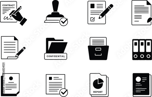Black and White Document Icons Set Business Contract Report Files Folder Pencil Stamp