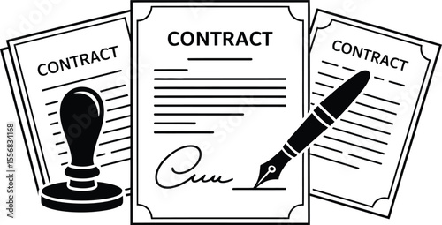 Black and White Contract Documents Stamp and Pen paperwork