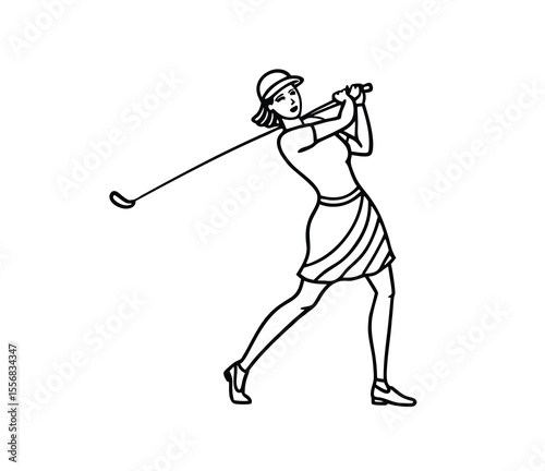 Golf player silhouette line drawing, vector