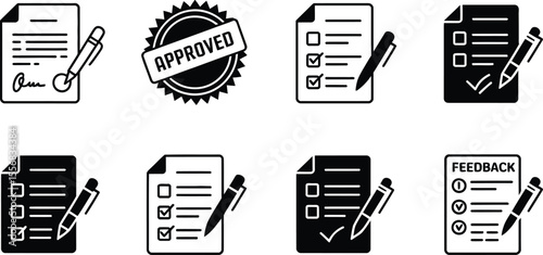 Black and White Checklist Forms Pens Approved Seal Feedback Icons