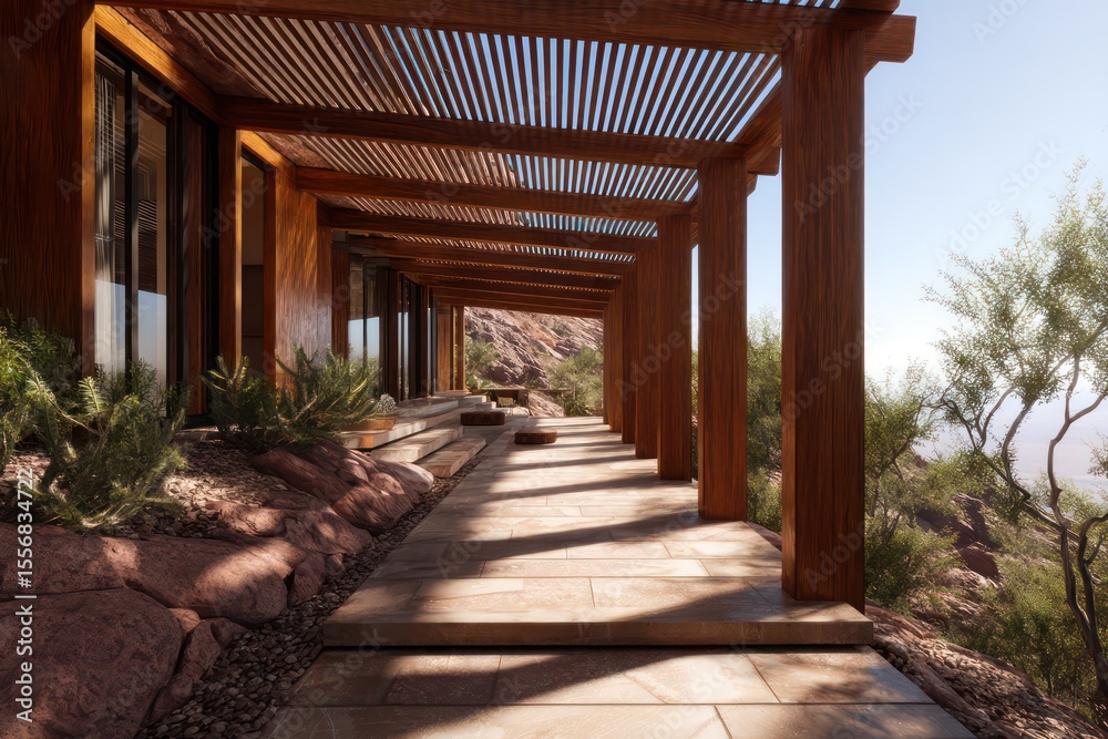 Naklejka premium A grand hillside property a wooden pavilion with vertical slats casting linear shadows captured with top-down midday brightness