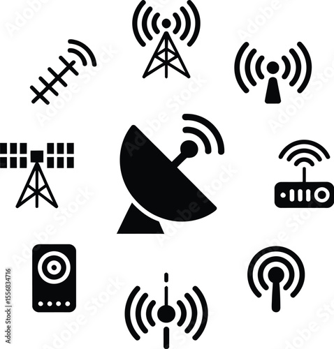 Black Wireless Communication Icons Set Satellite Antenna Router