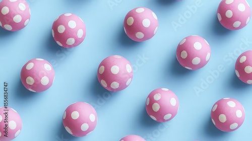 Playful pink polka dot spheres scattered on a pastel blue canvas, radiating cheerful minimalism