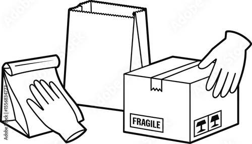 Black and White Illustration Cardboard Box Paper Bags Gloves Handling Fragile Package