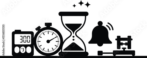 Black and White Timekeeping Icons Stopwatch Hourglass Bell Timer