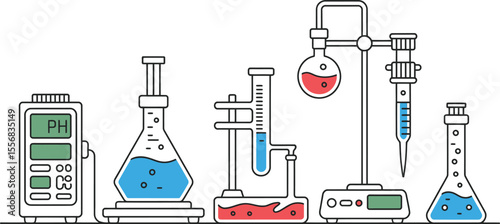 Chemistry Lab Equipment Line Art Illustration Blue Red Liquids