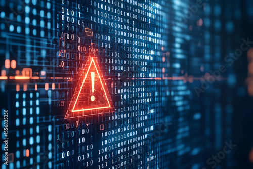 Digital warning sign with exclamation mark is prominently displayed against backdrop of binary code, symbolizing caution technology and data security. vibrant colors evoke sense of urgency