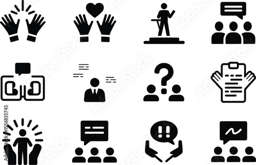 Black Glyph Icons Set Communication Teamwork Presentation Feedback