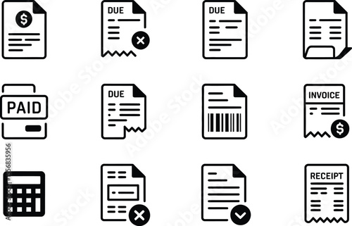Black and White Invoice Receipt Icons Set Payment Due Paid Calculator