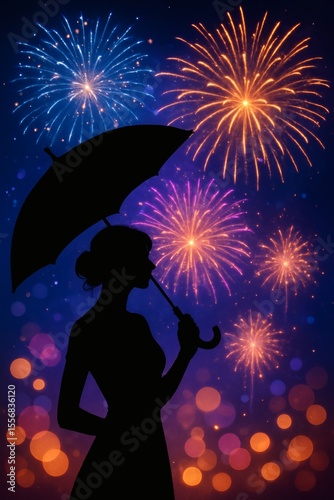 depicts a silhouette of a woman holding an umbrella, set against a vibrant backdrop of colorful fireworks in blue, orange, and purple. The scene is enhanced by soft bokeh lights, creating a festive, 