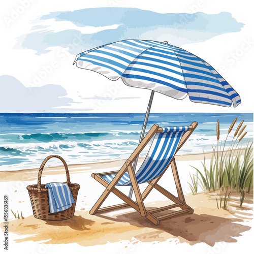 Beach Scene with Striped Umbrella and Beach Chair