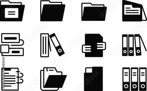 Black and White File Folder Icons Set Document Organization