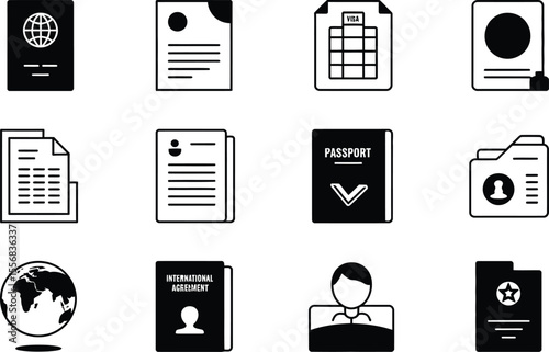Black and White Travel Document Icons Set Passport Visa Agreement