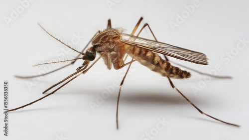 World Malaria Day, Mosquito, mosquito showing detailed features including wings, legs, and antennae on a white background. 25April	