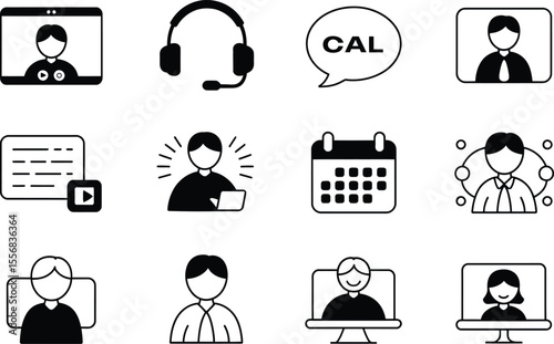 Black and White Icons Set Video Call Calendar Schedule